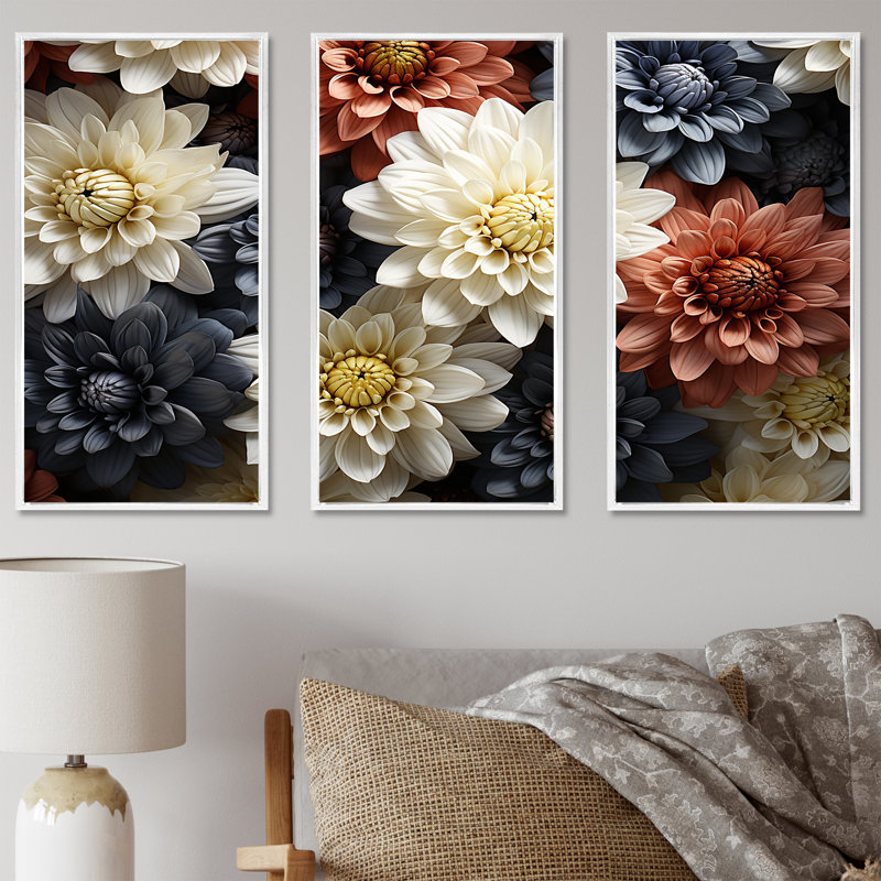 «Mums In Stormy Grey Tones I», ensemble de reproductions d'art mural, Cadre flottant blanc, H 40 po x l 60 po x P 1 po