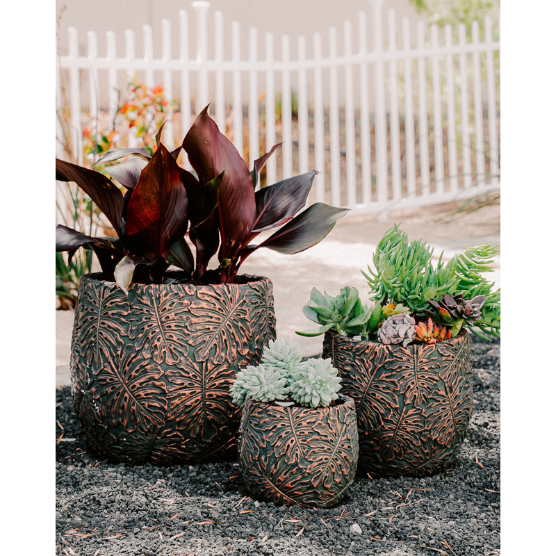 Lona 3 Piece 17.7", 12.6" and 9"W Round Fiberstone/Cement Indoor Outdoor Planters Set, Brown/Bronze