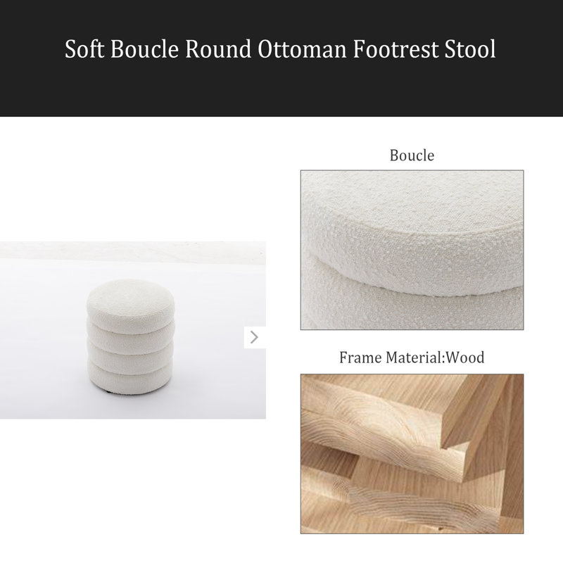 Soft Boucle Round Ottoman Footrest Stool, White Boucle