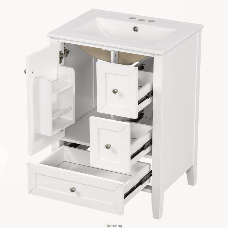 Meuble-lavabo autoportant de 24 po avec comptoir d'évier, armoire en bois massif et panneau de fibres à densité moyenne avec tablettes de rangement, plateau en céramique, blanc