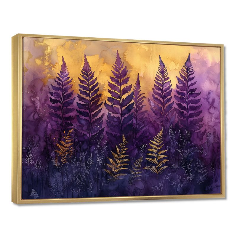 Imar Dreaming Ferns In Purple Mist, surréalisme V - art mural fougères, H 12 po x l 20 po, Doré, Floater Framed