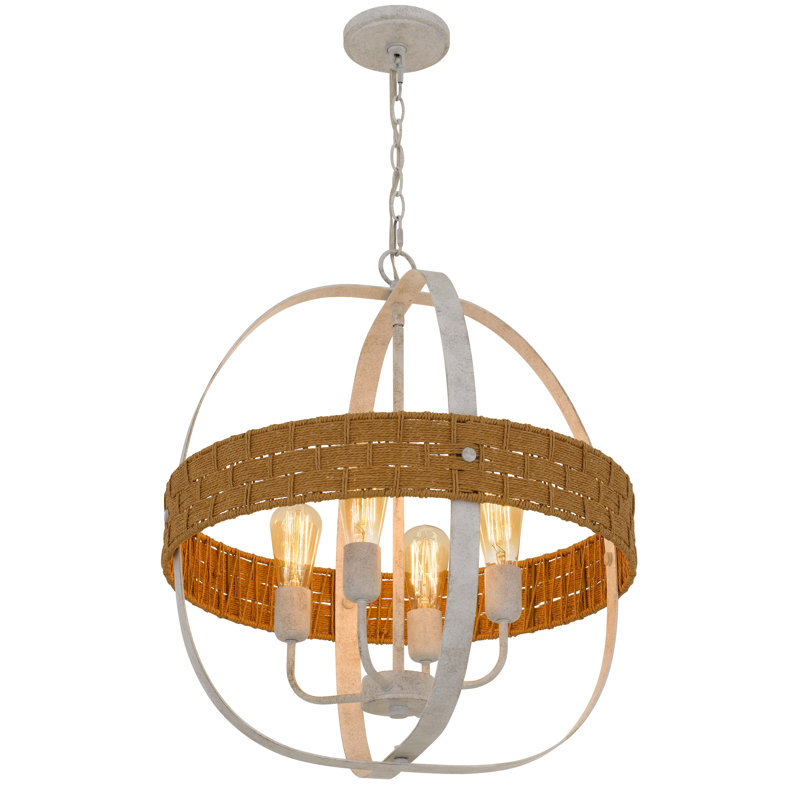 Lustre en métal blanc 4 lumières avec motif en rotin Barton, H 24 po x l 20,50 po x P 20,50 po