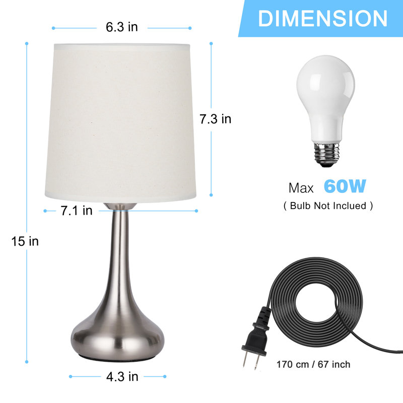 2 pièces Lampe de table à base en métal nickel satiné + abat-jour recouvert de lin blanc
