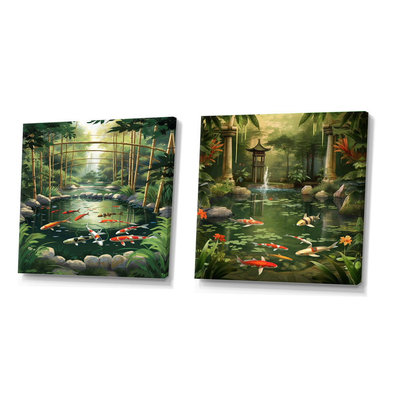 Bamboo and Koi Pond Showcase - Ensemble de 2 collages carrés en bambou, Toile tendue, H 30 po x l 61 po