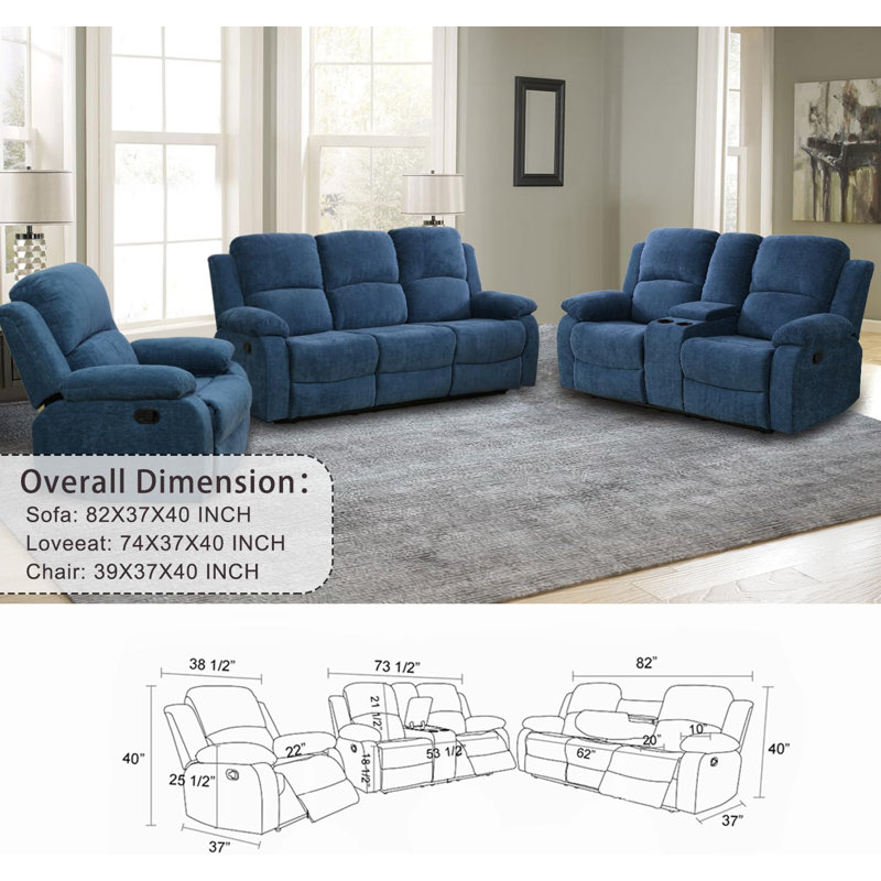 Ensemble de canapé inclinable manuel 3 pièces GS28xx, Blue Linen Blend