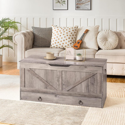 Coffre de rangement, coffre à jouets de 39,3 po avec tiroir, banc de rangement en bois, support de banc d'entrée robuste de 220 lb, charnière de sécurité, ouverture en forme de U, assemblage facile, Greige BG710CW01G1