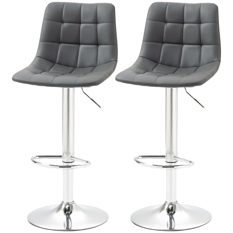 Liniyah Swivel Upholstered Adjustable Height Bar Stool with Steel Frame, Silver, Grey