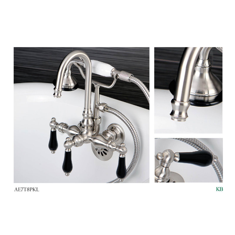 Kingston Brass Duchess Three-Handle 2-Hole Tub Wall Mount Clawfoot Tub Faucet with Hand Shower, Brushed Nickel