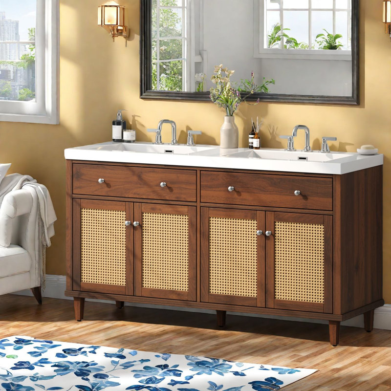 Armoire de meuble-lavabo moderne double avec rangement, bois massif et bois aggloméré, pour salle de bain familiale
