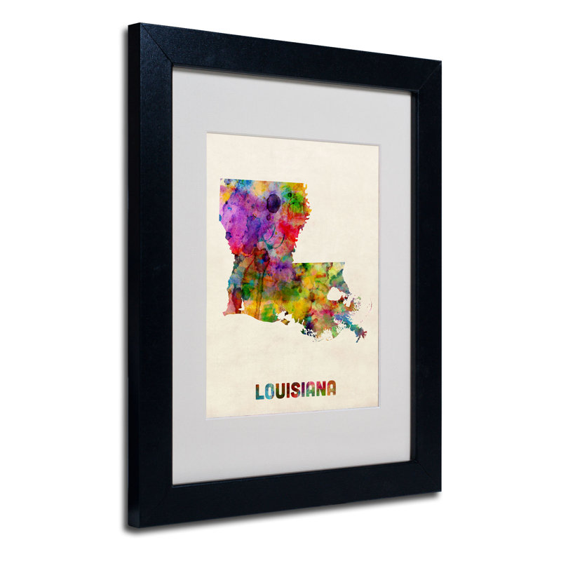 "louisiana map" par michael thompsett, impression encadrée, H 14 po x l 11 po x P 0,5 po, Noir