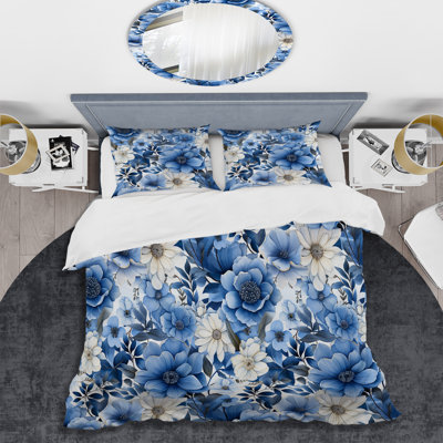 Bleu aquarelle excentrique motif floral - ensemble de housse de couette floral