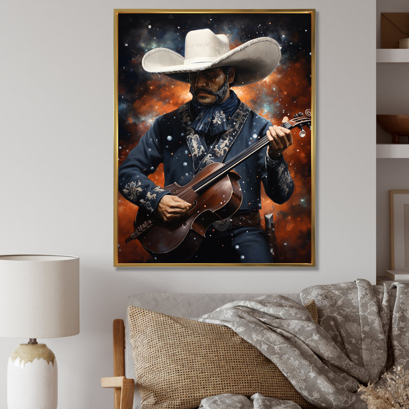 Mariachi, mélodie, guitare - art mural mexicain, Cadre flottant doré, H 32 po x l 16 po x P 1 po