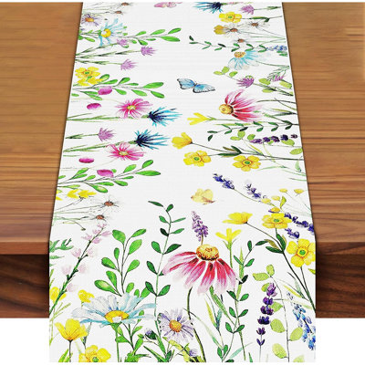 Chemin de table Wildflower & Butterfly - Multicolore - Décoration de maison et de fête en lin, printemps et été
