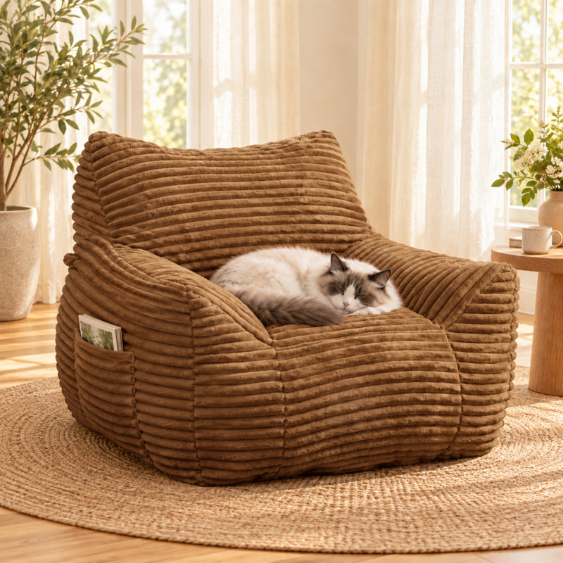 Grand fauteuil à billes et chaise longue en velours côtelé, Velours côtelé brun
