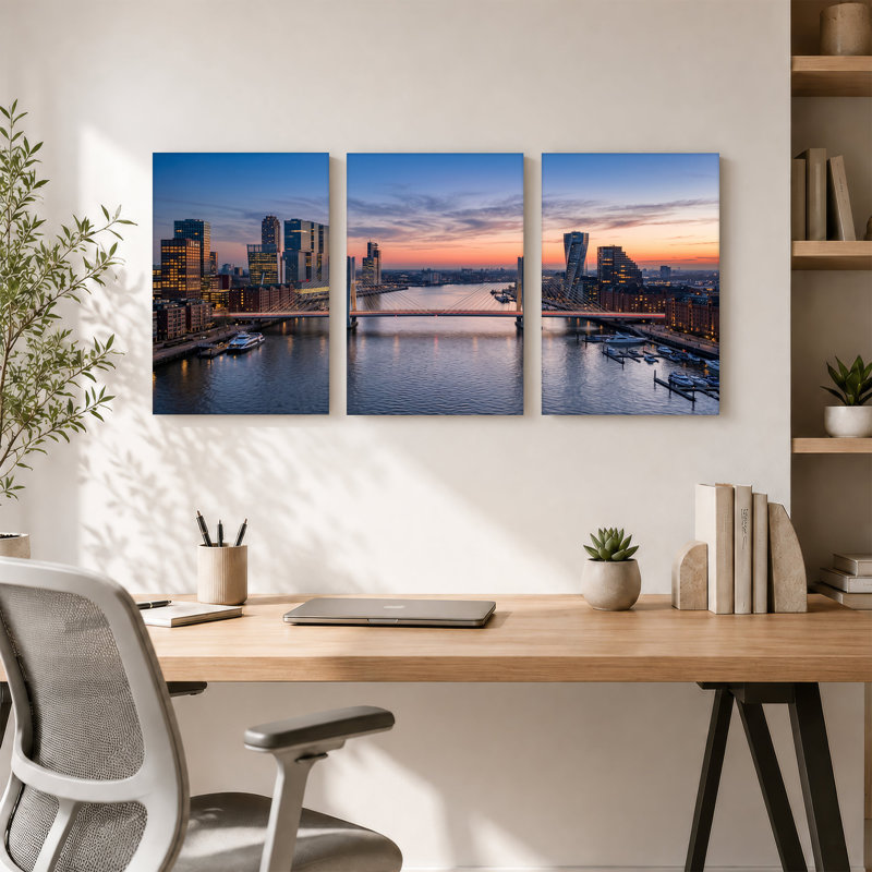 Ensemble de 3 toiles modernes pont au crépuscule avec toits de la ville, 30"H x 20"W x 3pcs