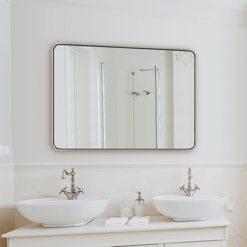 Contemporary Rectangle Bathroom Vanity Mirror | Stainless Steel Thick Frame, Brushed Nickel, 36" x 24"