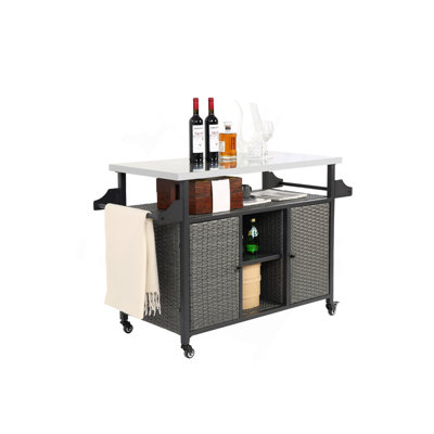 Outdoor Kitchen Rolling Cart & Storage Cabinet, Wheels And Stainless Steel Extended Table Top, Side Handle For Patio Kitchen Or Bar Cart