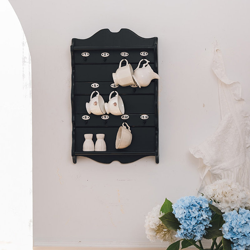 Étagère murale décorative moderne en bois massif avec 4 rails horizontaux et 11 crochets numérotés pour la chambre à coucher, la salle de bain, la cuisine et le salon