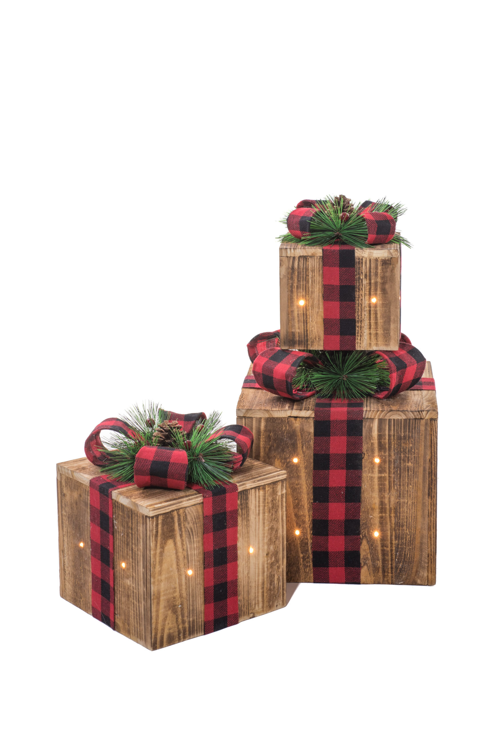 Wood Gift Boxes Set of 3 Distressed White with Black Buffalo Plaid