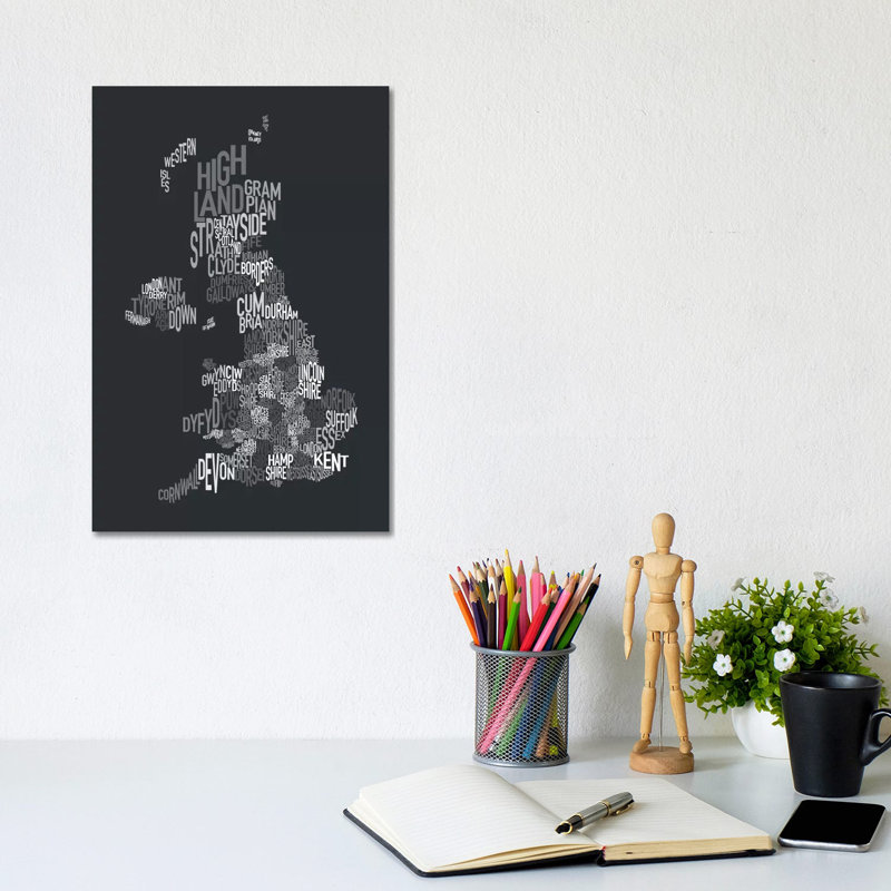 Great Britain UK County Text Map II by Michael Tompsett - 1 Piece Wrapped Canvas Wall Art, 20.32 cm H x 30.48 cm W