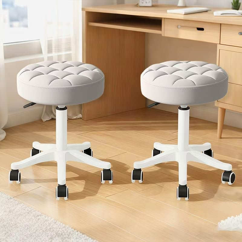 HDHNBA Set Of 2 Water Resistant PU Leather Height Adjustable Swivel Rolling Salon Stools With Ergonomic Cushion, Gray