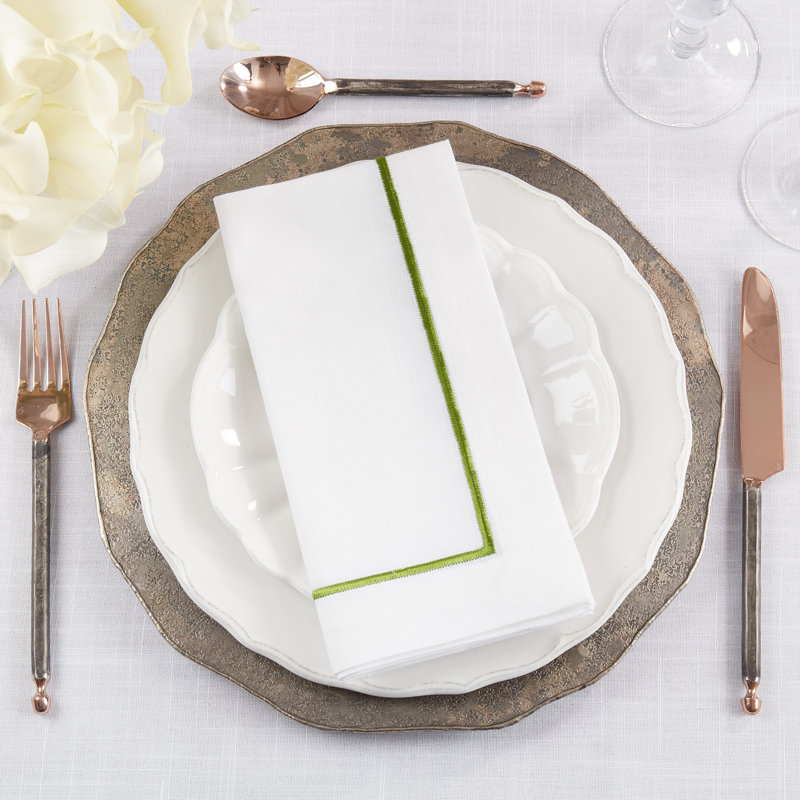 Kiwi Green Embroidered Line Design Square Dinner Napkin Set