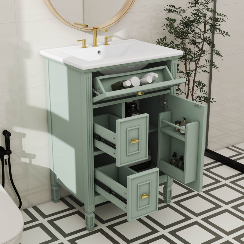 Meuble-lavabo de 24 po avec lavabo, comprenant un tiroir rabattable et deux tiroirs standard, tablette réglable, Vert