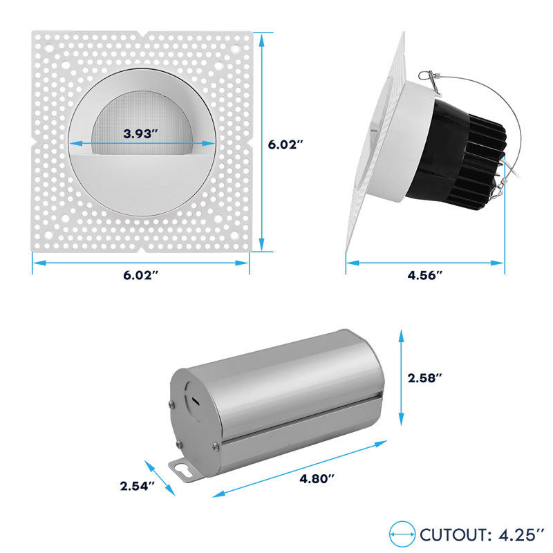 Projecteur encastré à DEL sans bordure 4 pouces avec remplacement de garniture murale blanche 25W LUXRITE, 2000LM, 5CCT, 38 °, à intensité variable, homologué ETL, blanc