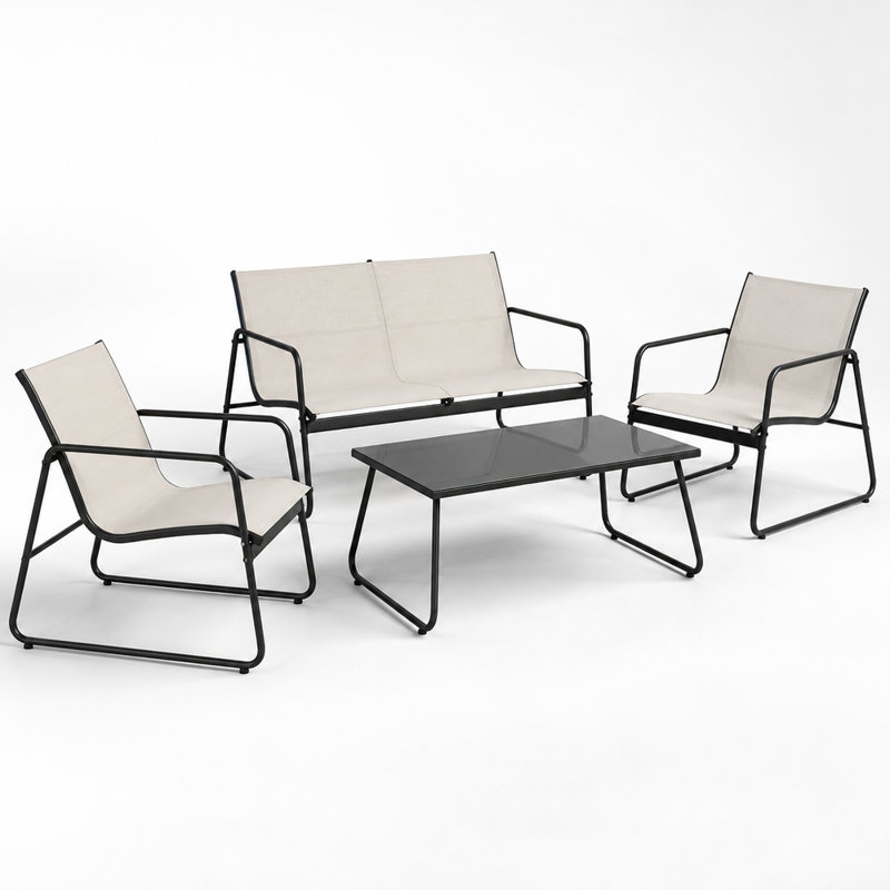 4-Seater Garden Lounge Set with Mesh Seating and Glass Coffee Table, 4 Pieces, Beige
