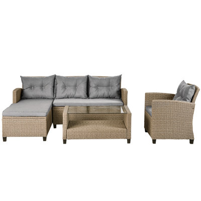 Extérieur, ensembles de meubles de patio, ensemble de conversation 4 pièces Canapé modulaire en osier avec coussins de siège (brun beige)