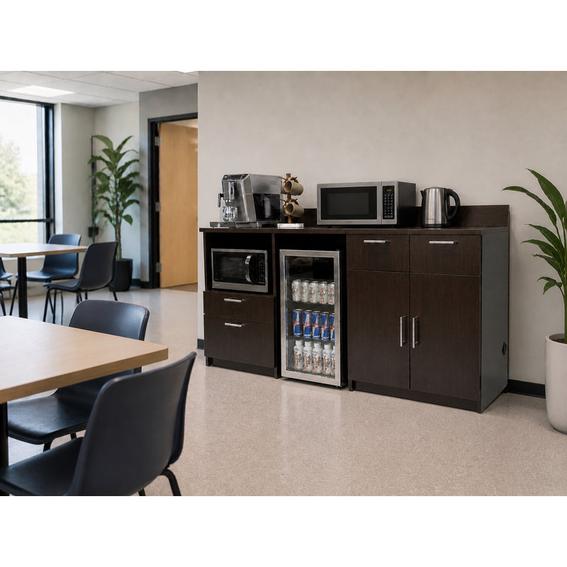 Office Breakroom Refreshment Cabinet with Microwave Shelf & Mini Fridge Opening – Fully Assembled Commercial Coffee Station – 84" W x 24" D x 36" H