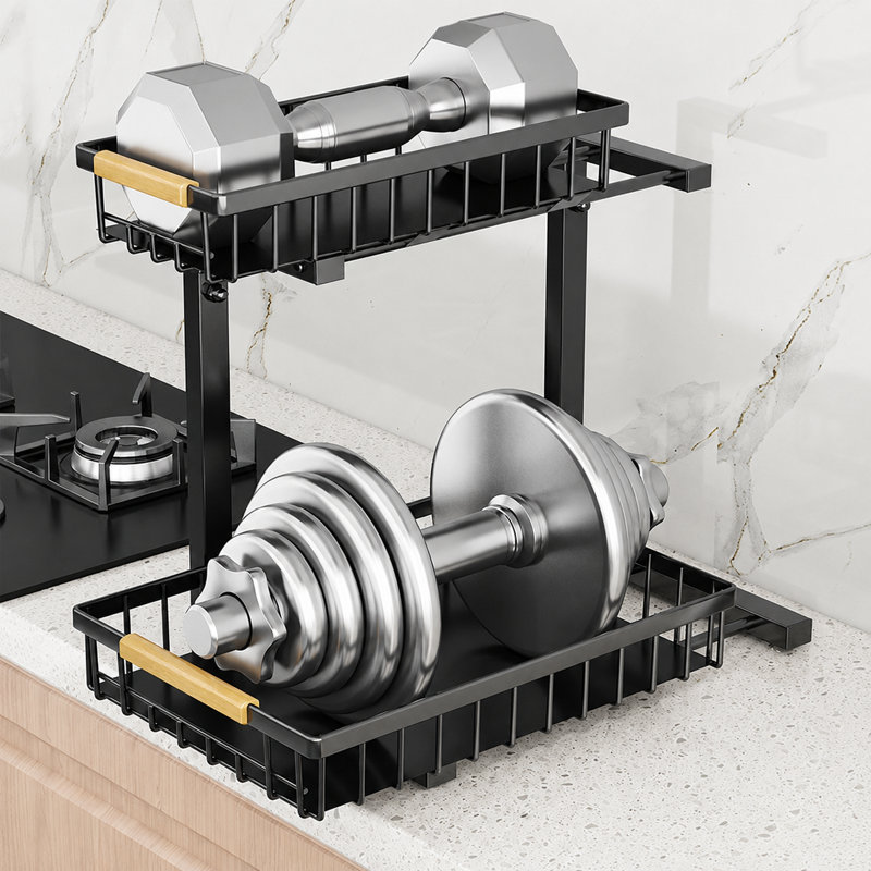 Adjustable 2-Tier Under Basin Organizer Rack - L-Shaped Sliding Carbon Steel Shelf with Suction Cups - Space-Saving Storage for Kitchen or Bathroom Cabinets - Adjustable Height 41.9 cm - 48.8 cm