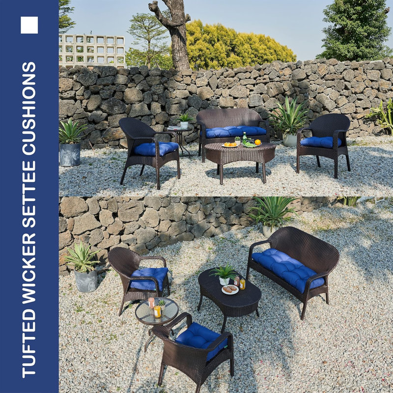 Wicker Chair Cushions 3 Piece Set, Waterproof Outdoor Cushions for Patio Furniture, Loveseat and U-Shaped Wicker Furniture Cushions-Blue