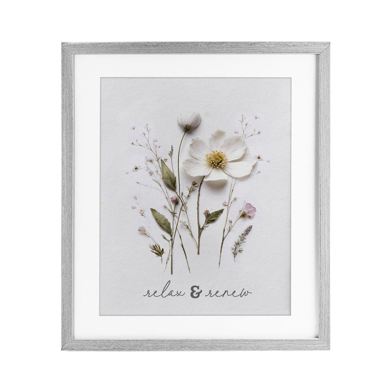 «Pressed Flower Relax & Renew», reproduction sous verre encadrée, design par lettres et doublure, H 16 po x l 13 po