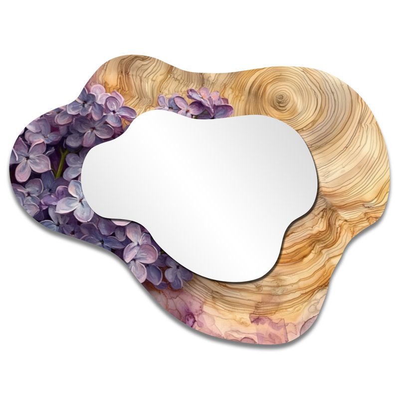 Fleurs lilas sur un plateau en bois - lilas, miroir asymétrique irrégulier, miroir mural traditionnel, imprimé sur métal