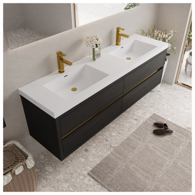 Meuble-lavabo flottant mural 72 po avec lavabo en résine en pierre, tiroirs à fermeture en douceur, bois d'ingénierie espresso