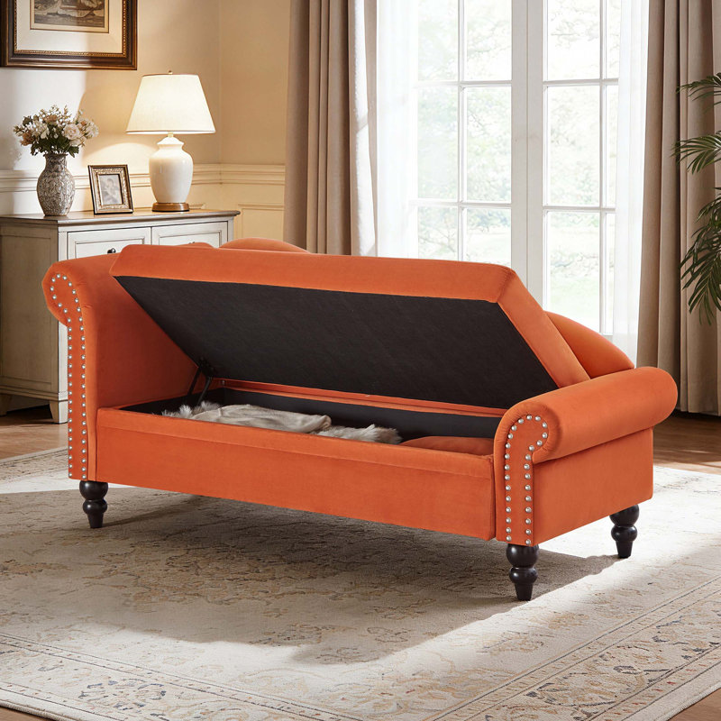 Chaise longue moderne en velours avec rangement caché et soutien lombaire, Velours orange