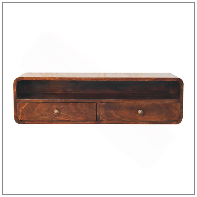 Console flottante en bois massif noyer de Californie, 2 tiroirs, brun