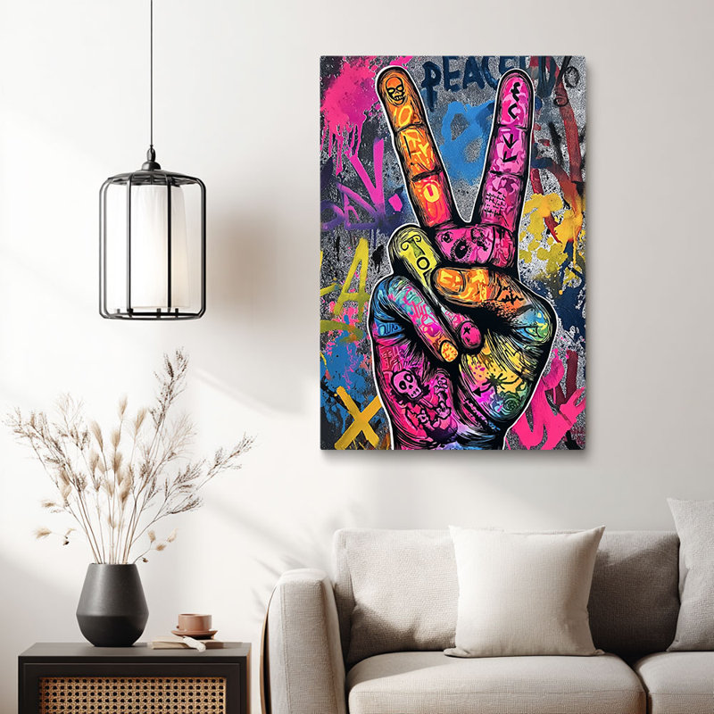 Cadre en toile tendue «Neon Peace Sign Hand» pour Eclectic Studio, 30 x 20 pouces (75 x 50 x 2 cm)