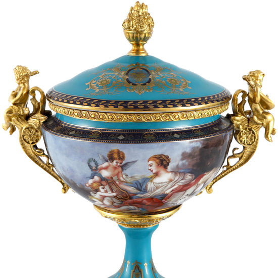 Stylish Decorative 13 Inch Bronze and Porcelain Cherub Teal Rococo Jar with Ornate Floral for Home