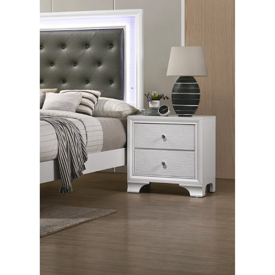 Solid Wood Nightstand In White With Crocodile Textured Finish Glamorous Two Frost Detail