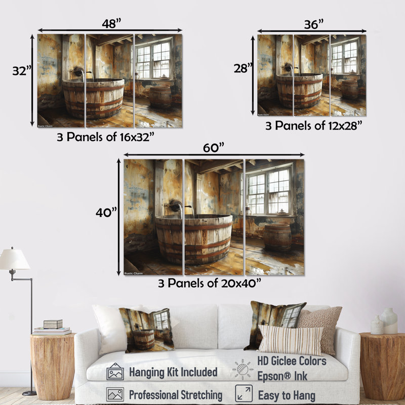 Brown Rustic Bathroom Charm I - Rustic Wall Art Print Set, 28" H x 36" W x 1" D, Wrapped Canvas
