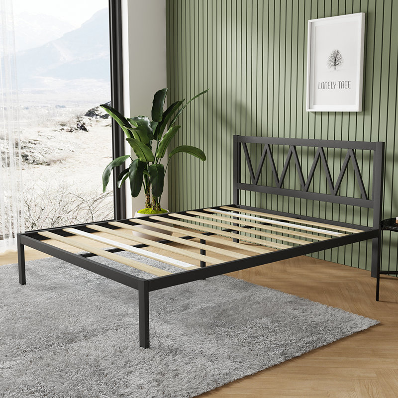 Base de lit plateforme 38 po en métal avec tête de lit, Simple, Noir