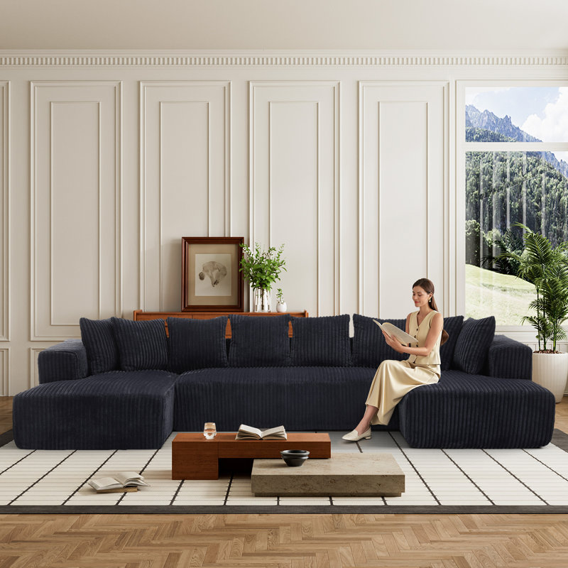 Boneless Modular Sectional Couch, U Shaped 4 Seater Free Combination Compression Sofa, Black Corduroy