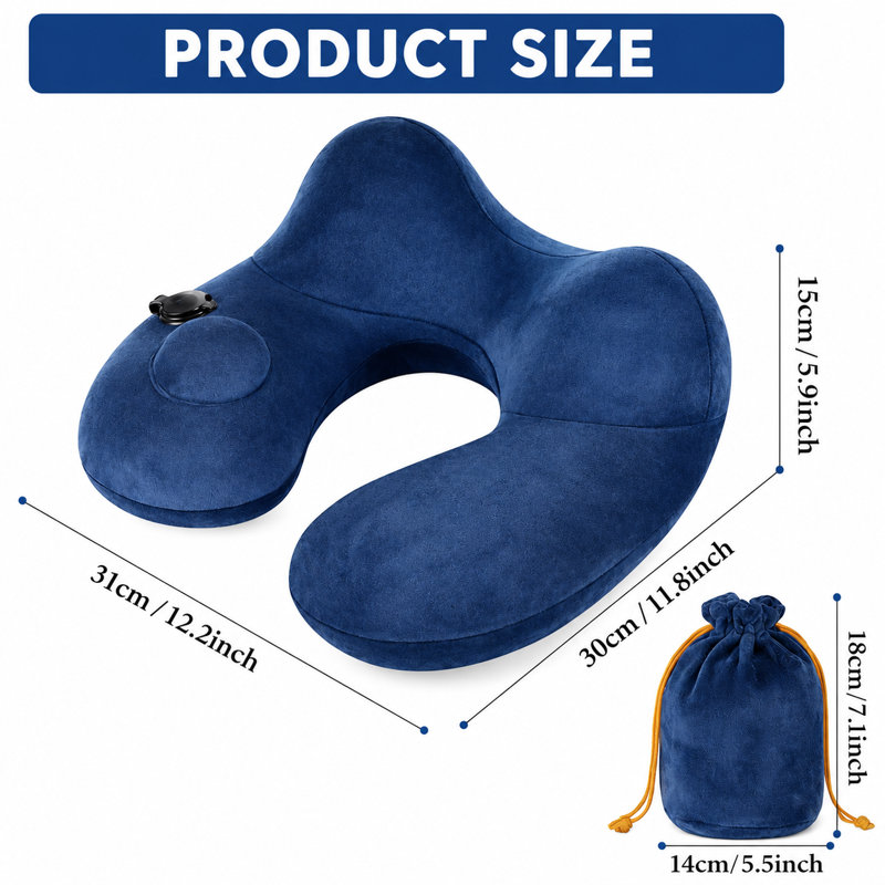 Oreiller de voyage gonflable pour la nuque – Oreiller ergonomique en forme de U pour avion, avec housse en velours doux et lavable, format compact et pliable, et sac de transport avec clip.