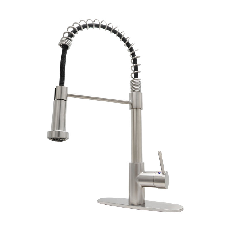 JS Pull Out Kitchen Faucet with Deck Plate 2 Spray Modes, Chrome