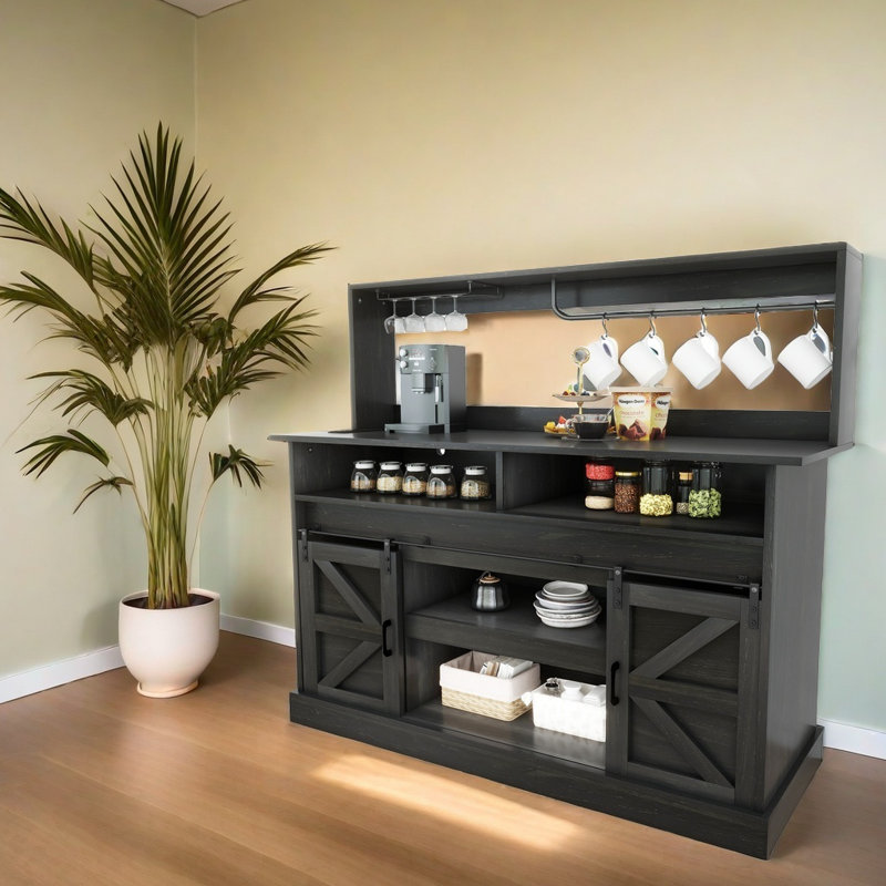  Gracie Oaks 52" Farmhouse Coffee Bar Buffet Cabinet With Storage Sliding Barn Door, Sideboard Cabinet With Goblet Holder, 5 Hooks And Power Outlets
