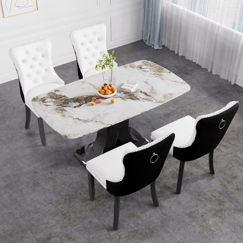 Vasia Pedestal Dining Set, Black, 5, Black