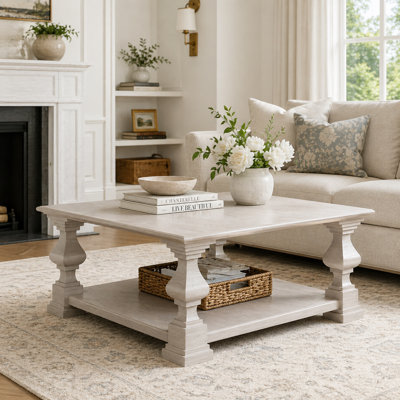 Table basse moderne carrée avec tablettes de rangement, table de salon en bois massif au fini chêne gris, table d'appoint à tablette ouverte