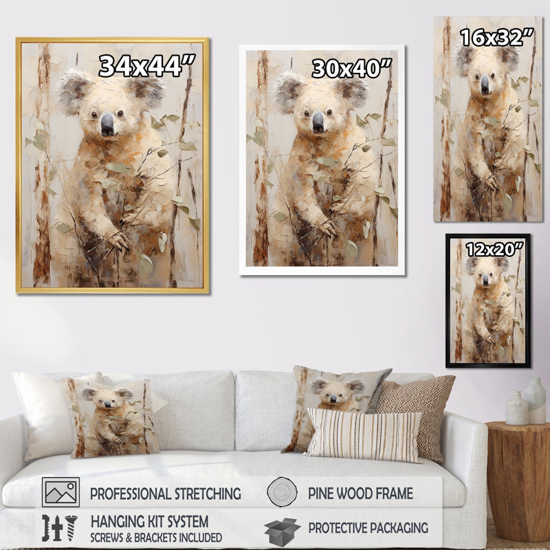 Koala douillet qui grimpe sur toile, Cadre photo argenté, H 32 po x l 16 po x P 1 po